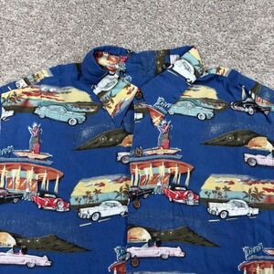 Reyn Spooner Men M Blue Rayon Drive-In Diner Classic Cars Aloha Shirt Hawaii